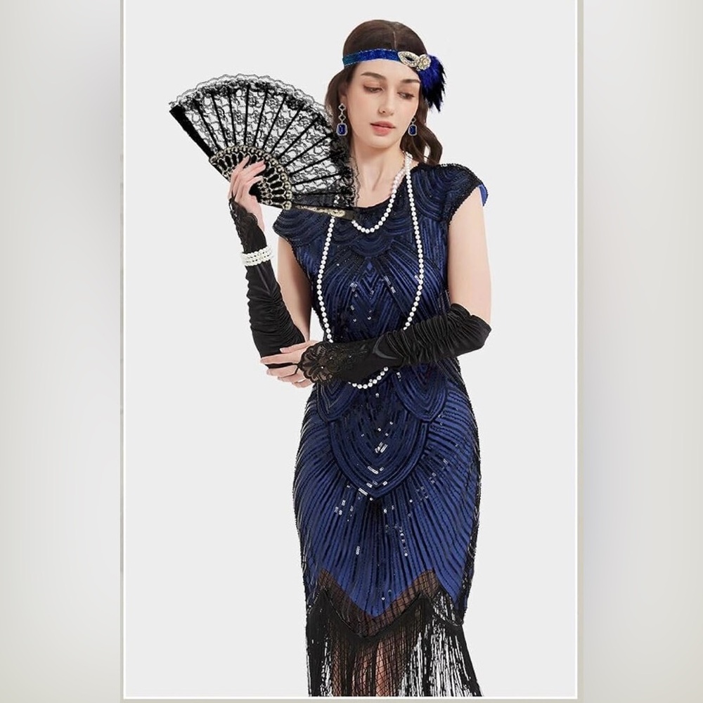 Blue Flapper Sequin Dress with Lace Fan